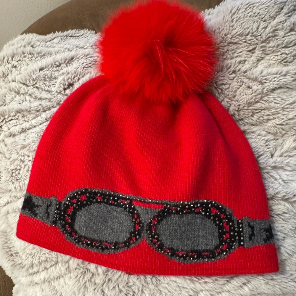 Red Beanie with Fox Pom Pom